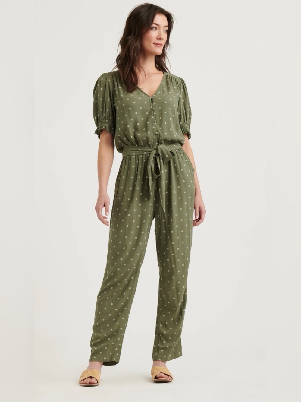 NWT ($99) Lucky Brand Olive Green Printed V-Neck Jumpsuit with Belt Sz XL - Picture 2 of 14